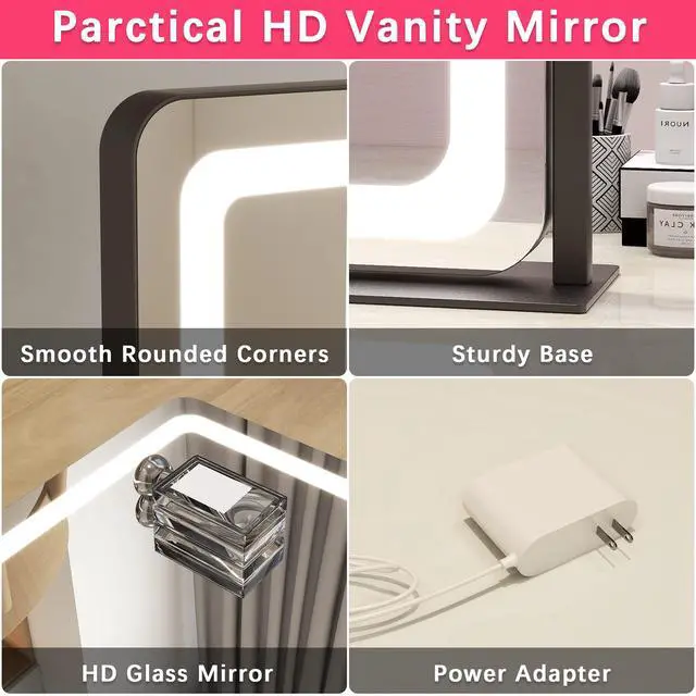 Alt view image 6 of 7 - 22x17 Inch Lighted Vanity Mirror with Dimmable LED Lights - 3 Color Modes, Smart Touch Control & 360° Rotating Base - Desk Makeup Mirror (Black)