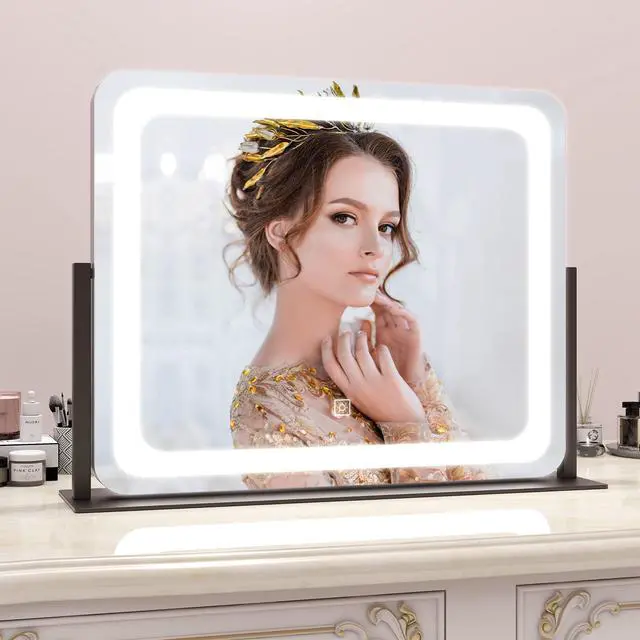 Alt view image 7 of 7 - 22x17 Inch Lighted Vanity Mirror with Dimmable LED Lights - 3 Color Modes, Smart Touch Control & 360° Rotating Base - Desk Makeup Mirror (Black)