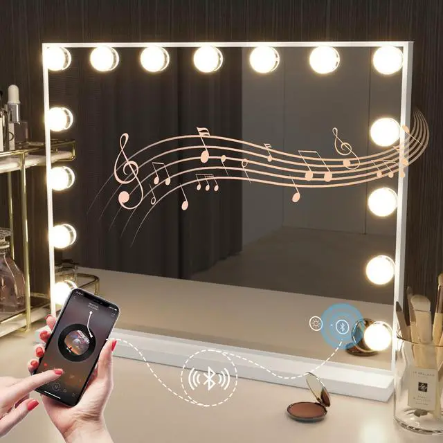 Main image of Vanity Mirror with Lights and Bluetooth Speaker 22.8''x18.4'' Lighted Makeup Mirror with 15 LED Bulbs Hollywood Vanity Mirror with 3 Lighting Modes USB Charging and 10x Magnification
