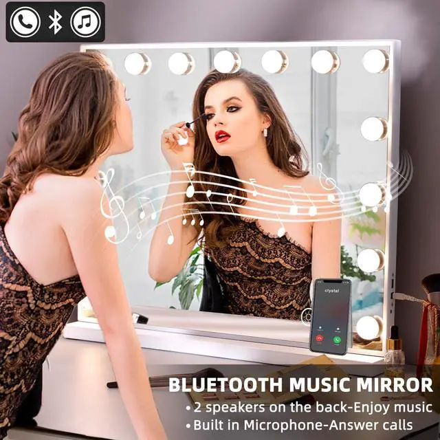 Alt view image 2 of 6 - Vanity Mirror with Lights and Bluetooth Speaker 22.8''x18.4'' Lighted Makeup Mirror with 15 LED Bulbs Hollywood Vanity Mirror with 3 Lighting Modes USB Charging and 10x Magnification