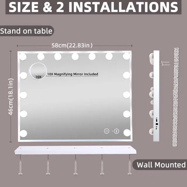 Alt view image 6 of 6 - Vanity Mirror with Lights and Bluetooth Speaker 22.8''x18.4'' Lighted Makeup Mirror with 15 LED Bulbs Hollywood Vanity Mirror with 3 Lighting Modes USB Charging and 10x Magnification