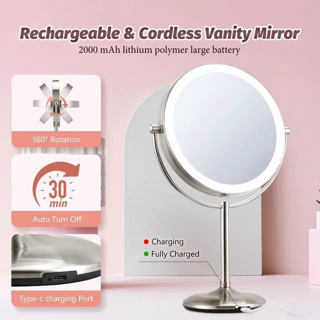 Alt view image 3 of 7 - 9" Lighted Makeup Mirror, 1X/20X Rechargeable Magnifying Mirror with 3 Color Dimmable Lights for Bedroom Tabletop, Base Charging and Switch, Women Gift