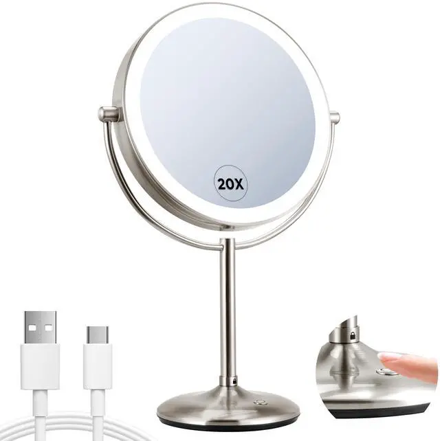 Main image of 9" Lighted Makeup Mirror, 1X/20X Rechargeable Magnifying Mirror with 3 Color Dimmable Lights for Bedroom Tabletop, Base Charging and Switch, Women Gift