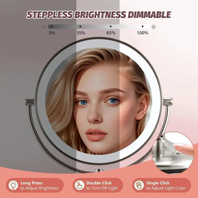 Alt view image 4 of 7 - 9" Lighted Makeup Mirror, 1X/20X Rechargeable Magnifying Mirror with 3 Color Dimmable Lights for Bedroom Tabletop, Base Charging and Switch, Women Gift