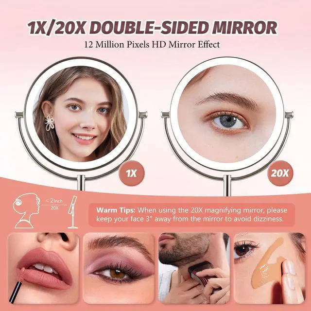 Alt view image 7 of 7 - 9" Lighted Makeup Mirror, 1X/20X Rechargeable Magnifying Mirror with 3 Color Dimmable Lights for Bedroom Tabletop, Base Charging and Switch, Women Gift