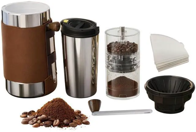 Main image of 4-in-1 Portable Manual Pour Over Coffee Maker with Grinder Travel & Camping Pour Over Set All-in-One Portable Coffee Brewer Kit with Stainless Steel Kettle, Thermal Mug & Dripper