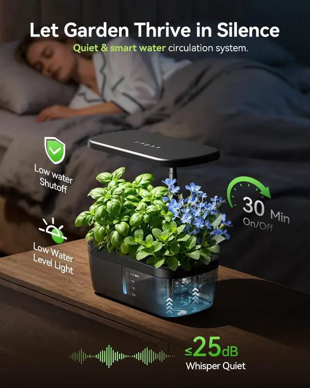 Alt view image 3 of 6 - Hydroponics Growing System, 6 Pods Smart Indoor Herb Garden with LED Grow Light, Auto Timer, Height Adjustable, Quiet Pump, Gardening Gifts for Mom Women - Black