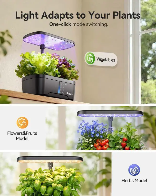 Alt view image 4 of 6 - Hydroponics Growing System, 6 Pods Smart Indoor Herb Garden with LED Grow Light, Auto Timer, Height Adjustable, Quiet Pump, Gardening Gifts for Mom Women - Black