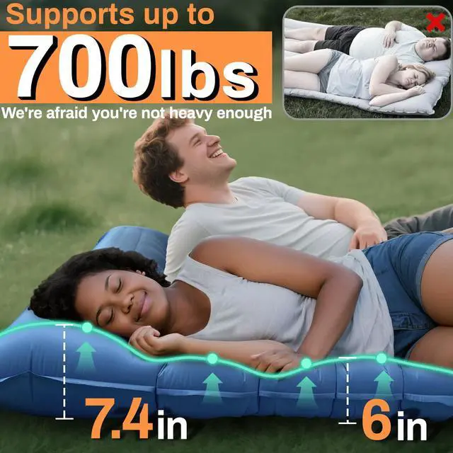 Alt view image 2 of 7 - Double Sleeping Pad for Camping, Extra Thick 6 Inch Sleeping Mat Camping for 2 Person Self Inflating Camping Pad with Built-in Pillow & Foot Pump Inflatable Camping Mat for Backpacking Hiking Tents