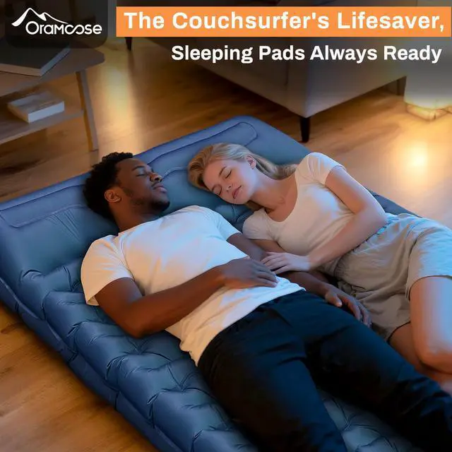 Alt view image 5 of 7 - Double Sleeping Pad for Camping, Extra Thick 6 Inch Sleeping Mat Camping for 2 Person Self Inflating Camping Pad with Built-in Pillow & Foot Pump Inflatable Camping Mat for Backpacking Hiking Tents