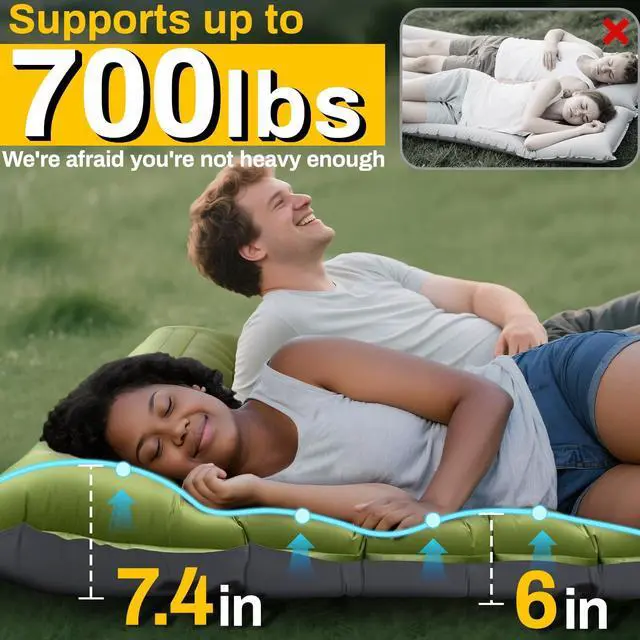 Alt view image 2 of 7 - Double Sleeping Pad, Extra Thick 6 Inch Sleeping Pad for Camping 2 Person with Built-in Pillow & Foot Pump Ultralight Compact Inflatable Camping Mat for Backpacking Hiking Travel Tent Camp Gear Gifts