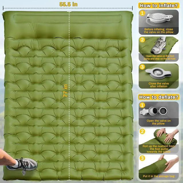 Alt view image 3 of 7 - Double Sleeping Pad, Extra Thick 6 Inch Sleeping Pad for Camping 2 Person with Built-in Pillow & Foot Pump Ultralight Compact Inflatable Camping Mat for Backpacking Hiking Travel Tent Camp Gear Gifts