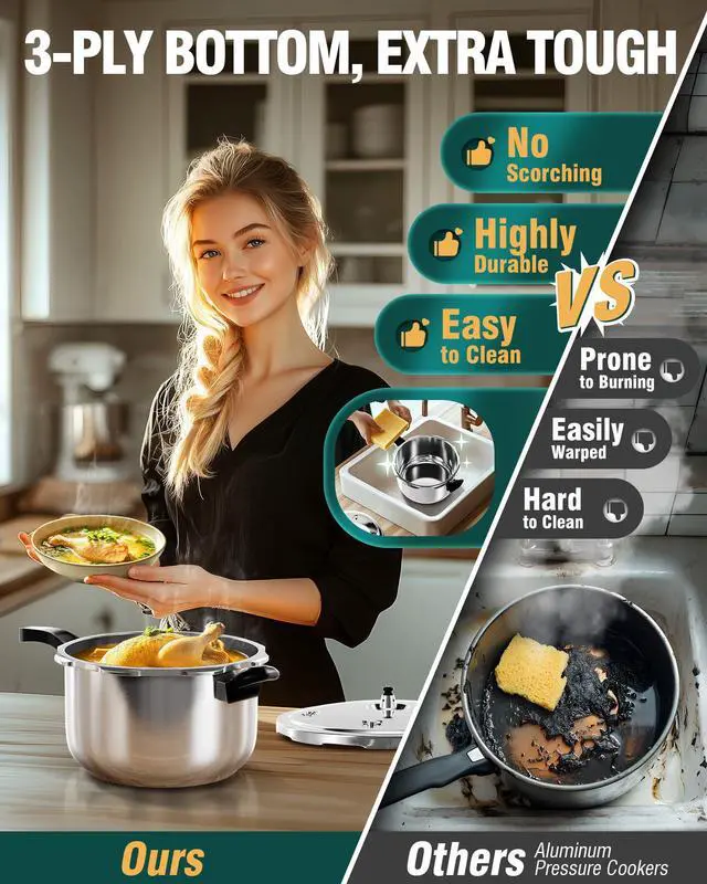 Alt view image 5 of 7 - Pressure Cooker, 6 Quart Stainless Steel Pressure Canner, Induction Compatible Cookware with Spring Valve Safeguard Devices,Compatible with Gas & Induction Cooker