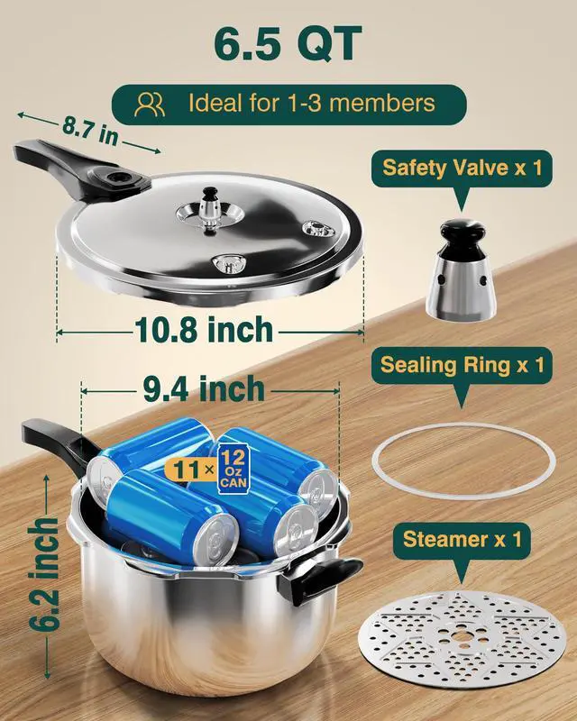 Alt view image 7 of 7 - Pressure Cooker, 6 Quart Stainless Steel Pressure Canner, Induction Compatible Cookware with Spring Valve Safeguard Devices,Compatible with Gas & Induction Cooker