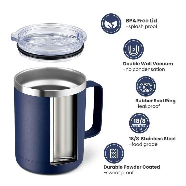 Alt view image 2 of 5 - 12oz Coffee Mug With Handle 8 Pack Bulk,Stainless Steel Insulated Travel Tumblers With Sliding Lid,Double Wall Vacuum Camping Cup for Hot & Cold Drinks Tea (Navy, 8)