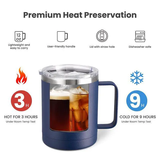 Alt view image 3 of 5 - 12oz Coffee Mug With Handle 8 Pack Bulk,Stainless Steel Insulated Travel Tumblers With Sliding Lid,Double Wall Vacuum Camping Cup for Hot & Cold Drinks Tea (Navy, 8)