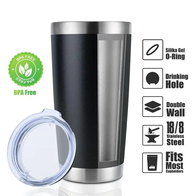 Alt view image 2 of 7 - 20oz Stainless Steel Tumbler Bulk with Lid, Double Wall Vacuum Insulated Travel Mug, Powder Coated Coffee Cup, Powder Black, 8 Pack
