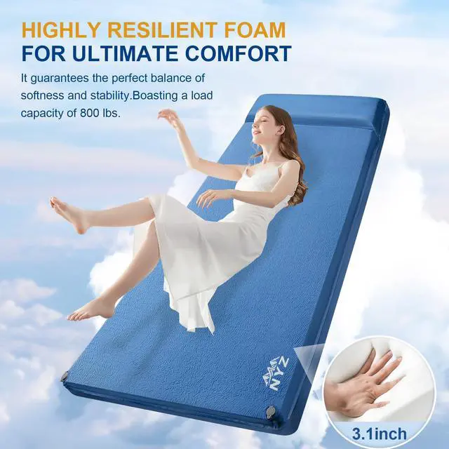 Alt view image 2 of 7 - Self Inflating Sleeping Pad for Camping 3.1" Ultra-Thick Memory Foam Camping Mattress 20s Quick Inflation Camp Mat with Pillow Waterproof 4-Season for Camping Travel Tent Car