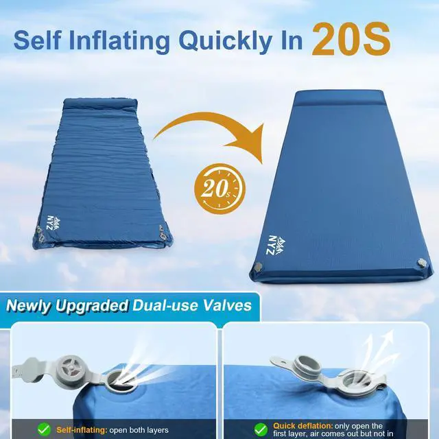 Alt view image 5 of 7 - Self Inflating Sleeping Pad for Camping 3.1" Ultra-Thick Memory Foam Camping Mattress 20s Quick Inflation Camp Mat with Pillow Waterproof 4-Season for Camping Travel Tent Car