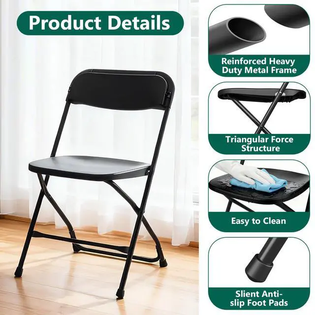 Alt view image 5 of 7 - 4 Pack Black Plastic Folding Chairs, Outdoor Portable Folding Chair with Steel Frame, 350lbs Capacity Stackable Foldable Chairs for Patio, Garden, Picnic, Kitchen, Events