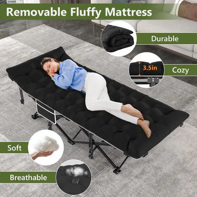 Alt view image 3 of 7 - Camping Cot, Folding Camping Cots for Adults, Portable Sleeping Cot with Carry Bag, 1200D Double Layer Oxford, Camp Cot Bed for Guest Travel, Hiking, Support 500lbs, Black