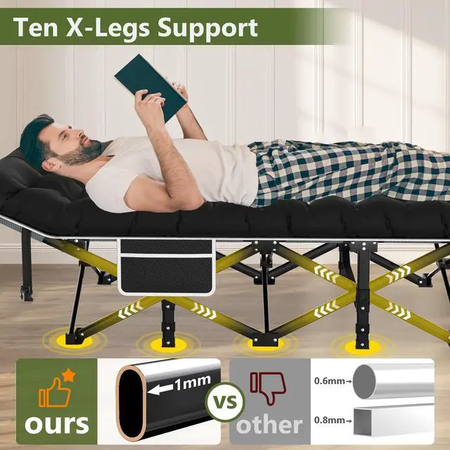 Alt view image 4 of 7 - Camping Cot, Folding Camping Cots for Adults, Portable Sleeping Cot with Carry Bag, 1200D Double Layer Oxford, Camp Cot Bed for Guest Travel, Hiking, Support 500lbs, Black