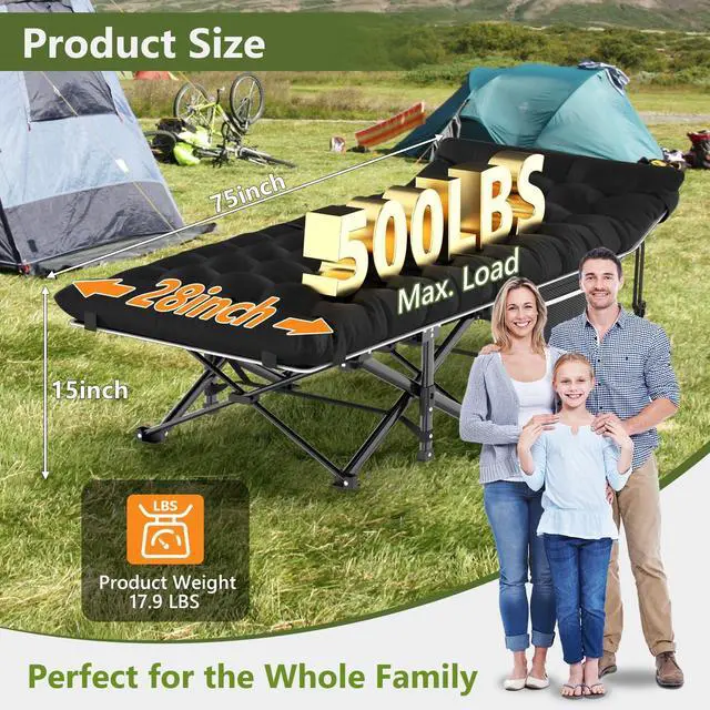 Alt view image 2 of 7 - Camping Cot, Folding Camping Cots for Adults, Portable Sleeping Cot with Carry Bag, 1200D Double Layer Oxford, Camp Cot Bed for Guest Travel, Hiking, Support 500lbs, Black
