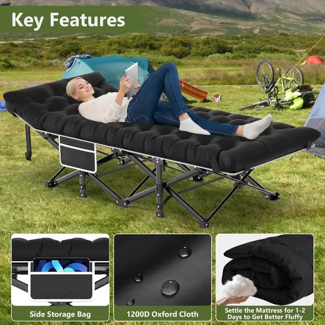 Alt view image 6 of 7 - Camping Cot, Folding Camping Cots for Adults, Portable Sleeping Cot with Carry Bag, 1200D Double Layer Oxford, Camp Cot Bed for Guest Travel, Hiking, Support 500lbs, Black