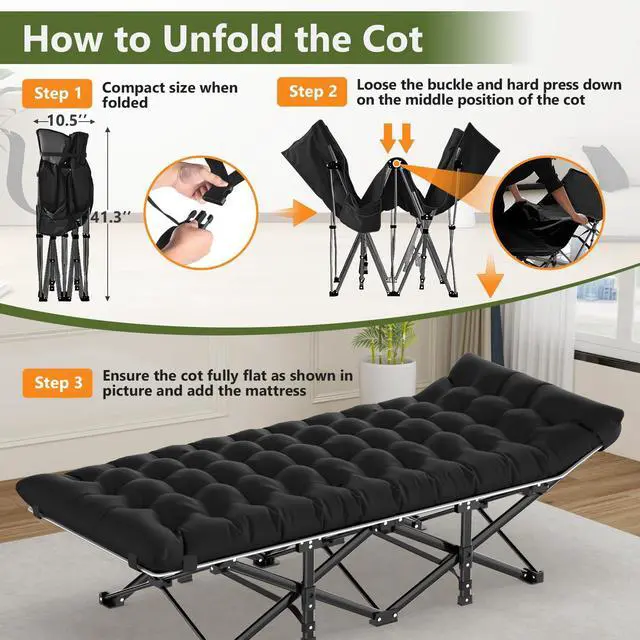 Alt view image 5 of 7 - Camping Cot, Folding Camping Cots for Adults, Portable Sleeping Cot with Carry Bag, 1200D Double Layer Oxford, Camp Cot Bed for Guest Travel, Hiking, Support 500lbs, Black