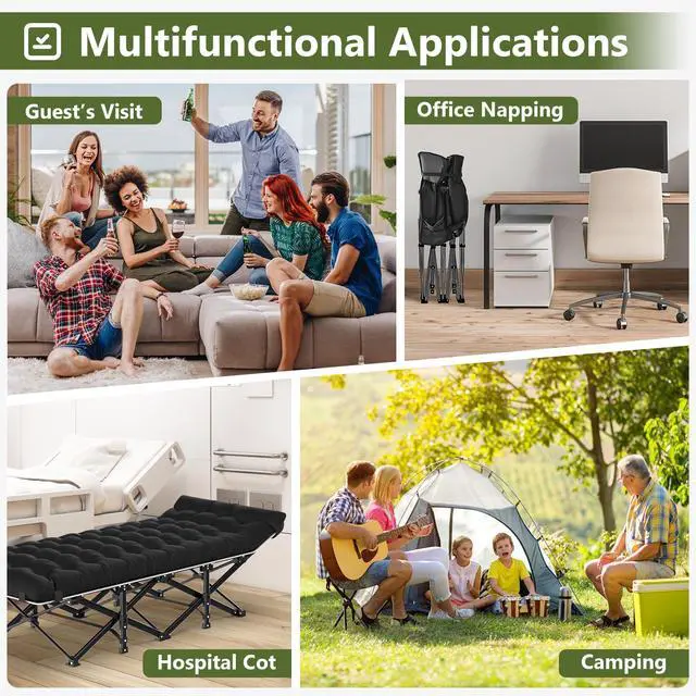 Alt view image 7 of 7 - Camping Cot, Folding Camping Cots for Adults, Portable Sleeping Cot with Carry Bag, 1200D Double Layer Oxford, Camp Cot Bed for Guest Travel, Hiking, Support 500lbs, Black