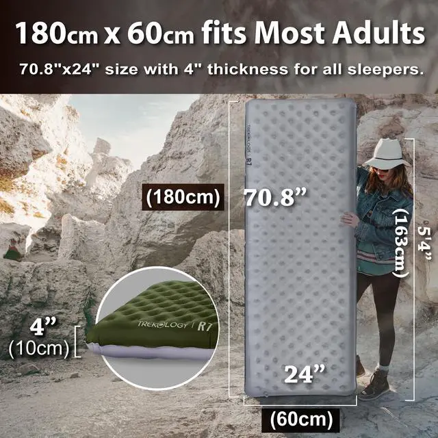 Alt view image 3 of 7 - Sleeping Pad for Camping Ultra-Lightweight, 4" Thick Camping Mat with 7.2 R-Value for All Seasons Compact, Durable & WaterproofIdeal for Backpacking, Hiking, and Outdoor Adventures UL R7