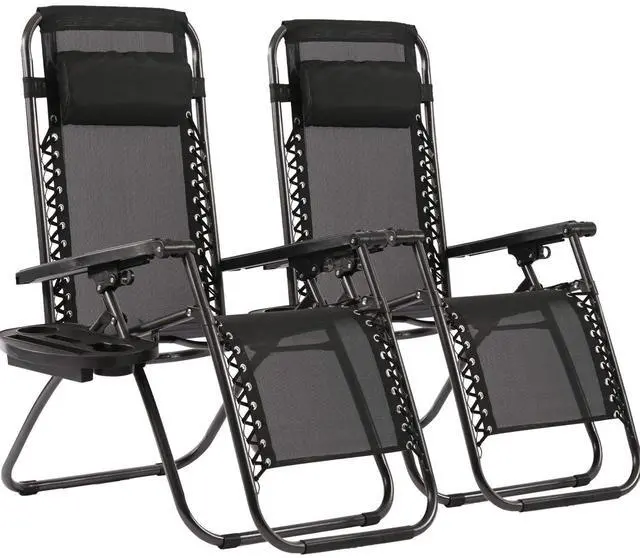 Main image of Zero Gravity Lawn Lounge Chairs Set of 2 with Pillow and Cup Holder - Adjustable Reclining Folding Outdoor Chairs for Deck, Beach, Yard