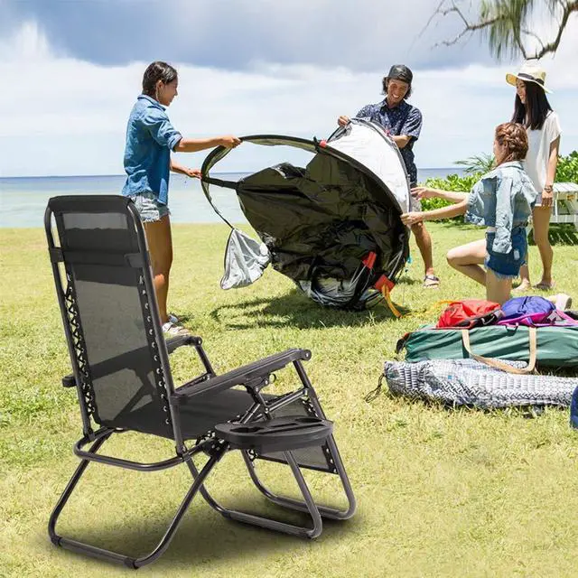 Alt view image 2 of 7 - Zero Gravity Lawn Lounge Chairs Set of 2 with Pillow and Cup Holder - Adjustable Reclining Folding Outdoor Chairs for Deck, Beach, Yard