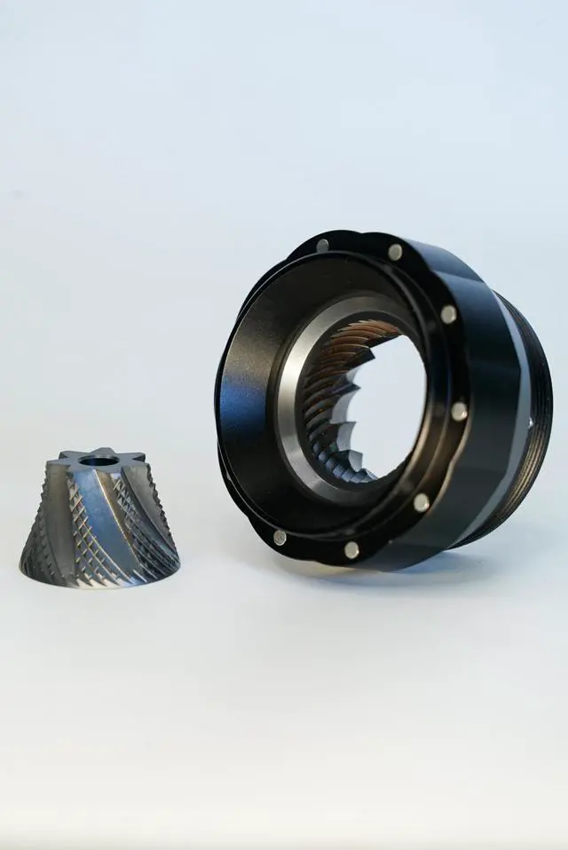 Alt view image 4 of 5 - Turin H40 V2 Manual Coffee Grinder 40mm Stainless Steel Burr, Adjustable for Espresso, Pour Over, French Press, Aluminum Body with Walnut Handle, Magnetic Dosing Cup, 30g Capacity