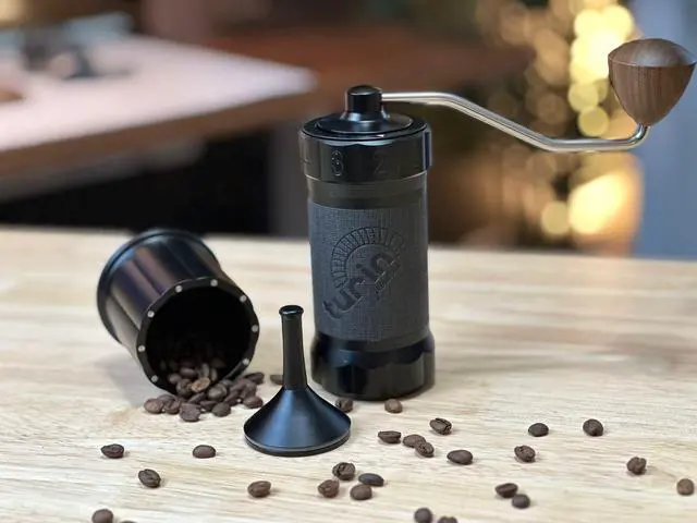 Alt view image 5 of 5 - Turin H40 V2 Manual Coffee Grinder 40mm Stainless Steel Burr, Adjustable for Espresso, Pour Over, French Press, Aluminum Body with Walnut Handle, Magnetic Dosing Cup, 30g Capacity