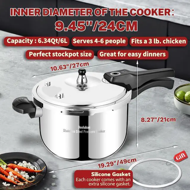 Alt view image 4 of 5 - Stainless Steel Pressure Cooker 6.34 Quart, Heavy-Duty, Food-Grade, All Stovetop & Induction Compatible with Multi-Safety Lock System for Gas Electric Ceramic, Commercial Home Kitchen Use,