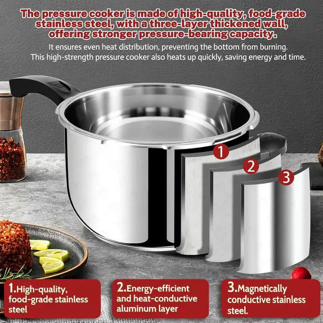 Alt view image 5 of 5 - Stainless Steel Pressure Cooker 6.34 Quart, Heavy-Duty, Food-Grade, All Stovetop & Induction Compatible with Multi-Safety Lock System for Gas Electric Ceramic, Commercial Home Kitchen Use,