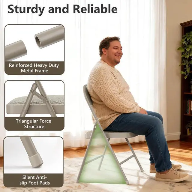 Alt view image 4 of 7 - 4 Pack Folding Chairs, Fabric Padded Folding Dining Chairs with Cushion Seat & Back, Indoor Outdoor Folding Chair Set for Home Office, Parties, Events, Wedding, Extra Guest Seating