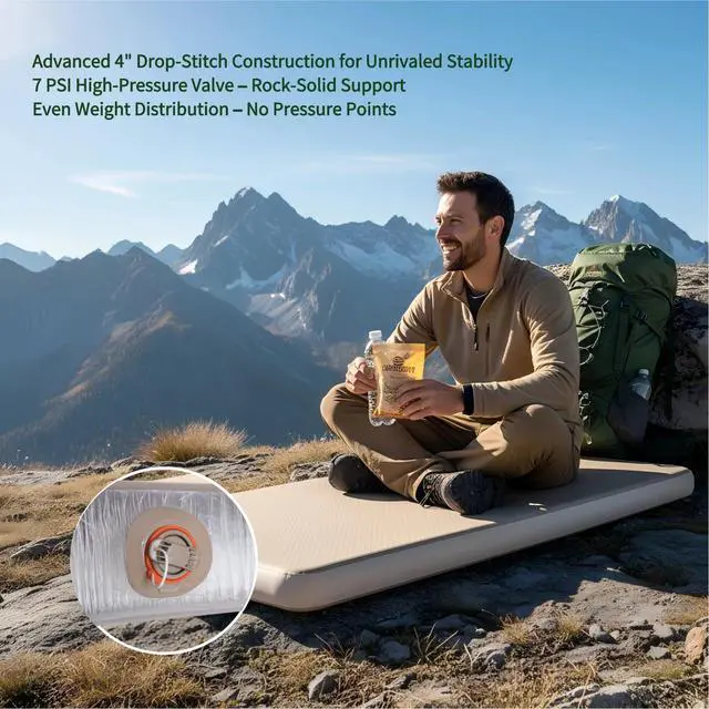 Alt view image 3 of 7 - 4" Drop Stitch Camping Air Mattress, Inflatable Sleeping Pad with Firm 7 PSI Support, Fast Inflation Portable Tent & Car Camping Bed, 76" x 51"