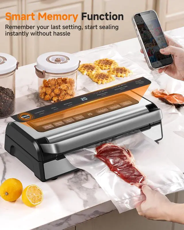 Alt view image 4 of 7 - 95KPa Automatic Vacuum Sealer, 9-in-1 Food Sealer for Dry/Moist/Liquid Foods, Double Heat Seal & Pump, Includes Bag Rolls & Hose, Built-in Cutter, Stainless Steel