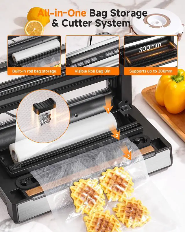 Alt view image 5 of 7 - 95KPa Automatic Vacuum Sealer, 9-in-1 Food Sealer for Dry/Moist/Liquid Foods, Double Heat Seal & Pump, Includes Bag Rolls & Hose, Built-in Cutter, Stainless Steel