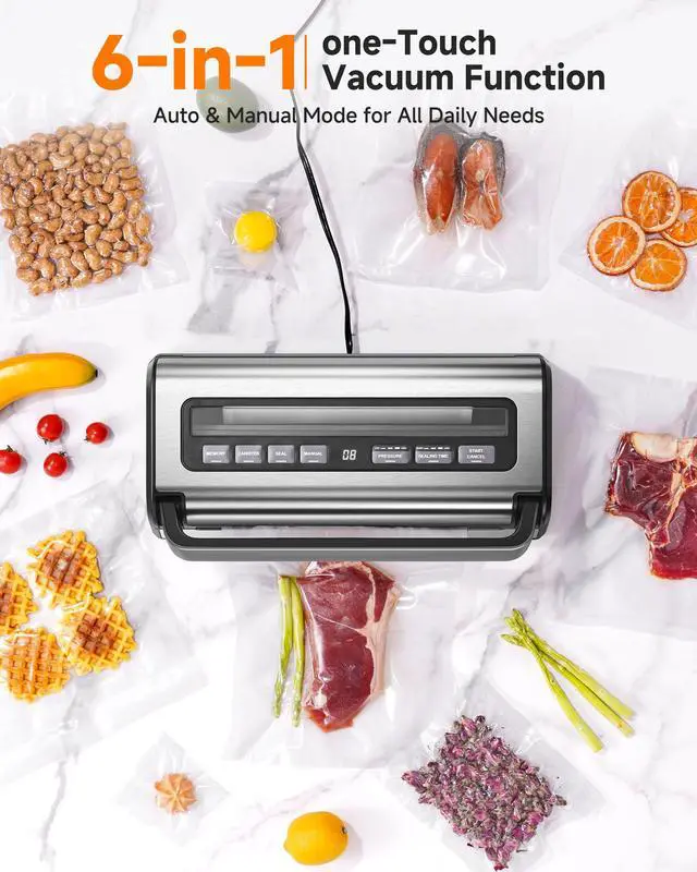 Alt view image 7 of 7 - 95KPa Automatic Vacuum Sealer, 9-in-1 Food Sealer for Dry/Moist/Liquid Foods, Double Heat Seal & Pump, Includes Bag Rolls & Hose, Built-in Cutter, Stainless Steel