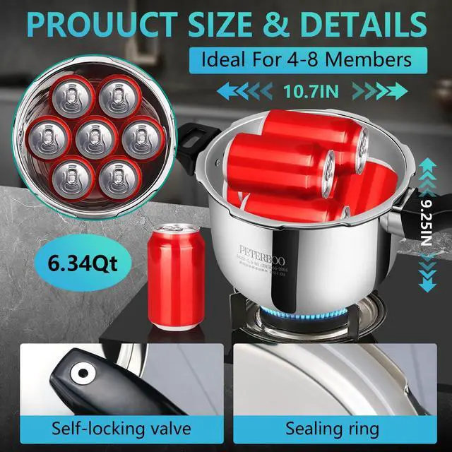 Alt view image 2 of 7 - 6QT Stainless Steel Pressure Cooker, Heavy Duty Food Grade 304 Pressure Canner with Safety Valve & Heat-Resistant Handle, Compatible with All Stovetops for Home Cooking & Canning