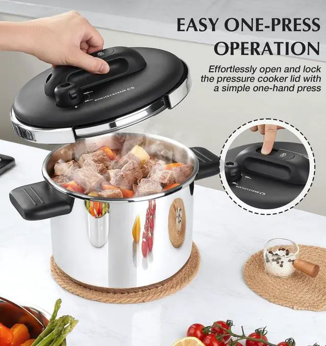 Alt view image 2 of 7 - Stainless Steel Pressure Cooker 6.3 QT, Olla de Presion, Easy One-Press Lock, 3 PSI Settings Stovetop Pressure Cookers, Save 70% Time, Induction Compatible, Glass Lid & Steamer Rack