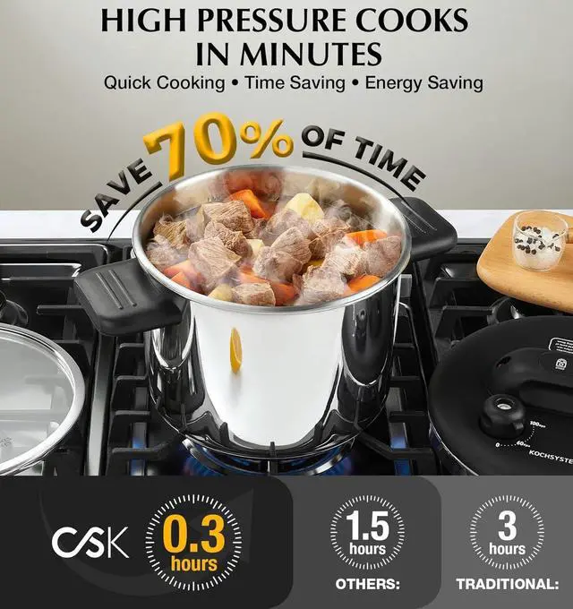 Alt view image 3 of 7 - Stainless Steel Pressure Cooker 6.3 QT, Olla de Presion, Easy One-Press Lock, 3 PSI Settings Stovetop Pressure Cookers, Save 70% Time, Induction Compatible, Glass Lid & Steamer Rack