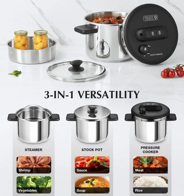 Alt view image 5 of 7 - Stainless Steel Pressure Cooker 6.3 QT, Olla de Presion, Easy One-Press Lock, 3 PSI Settings Stovetop Pressure Cookers, Save 70% Time, Induction Compatible, Glass Lid & Steamer Rack