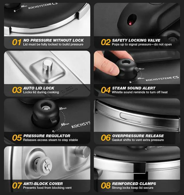 Alt view image 7 of 7 - Stainless Steel Pressure Cooker 6.3 QT, Olla de Presion, Easy One-Press Lock, 3 PSI Settings Stovetop Pressure Cookers, Save 70% Time, Induction Compatible, Glass Lid & Steamer Rack