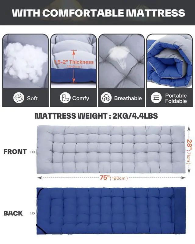 Alt view image 2 of 6 - Cots for Sleeping, Camping Cots for Adults with Mattress Max Load 450 LBS Heavy Duty Folding Portable Bed with Padded for Camping Tent Office Outdoor Travel Sleep Over