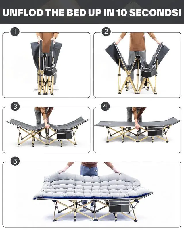 Alt view image 3 of 6 - Cots for Sleeping, Camping Cots for Adults with Mattress Max Load 450 LBS Heavy Duty Folding Portable Bed with Padded for Camping Tent Office Outdoor Travel Sleep Over