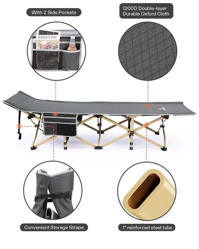 Alt view image 4 of 6 - Cots for Sleeping, Camping Cots for Adults with Mattress Max Load 450 LBS Heavy Duty Folding Portable Bed with Padded for Camping Tent Office Outdoor Travel Sleep Over